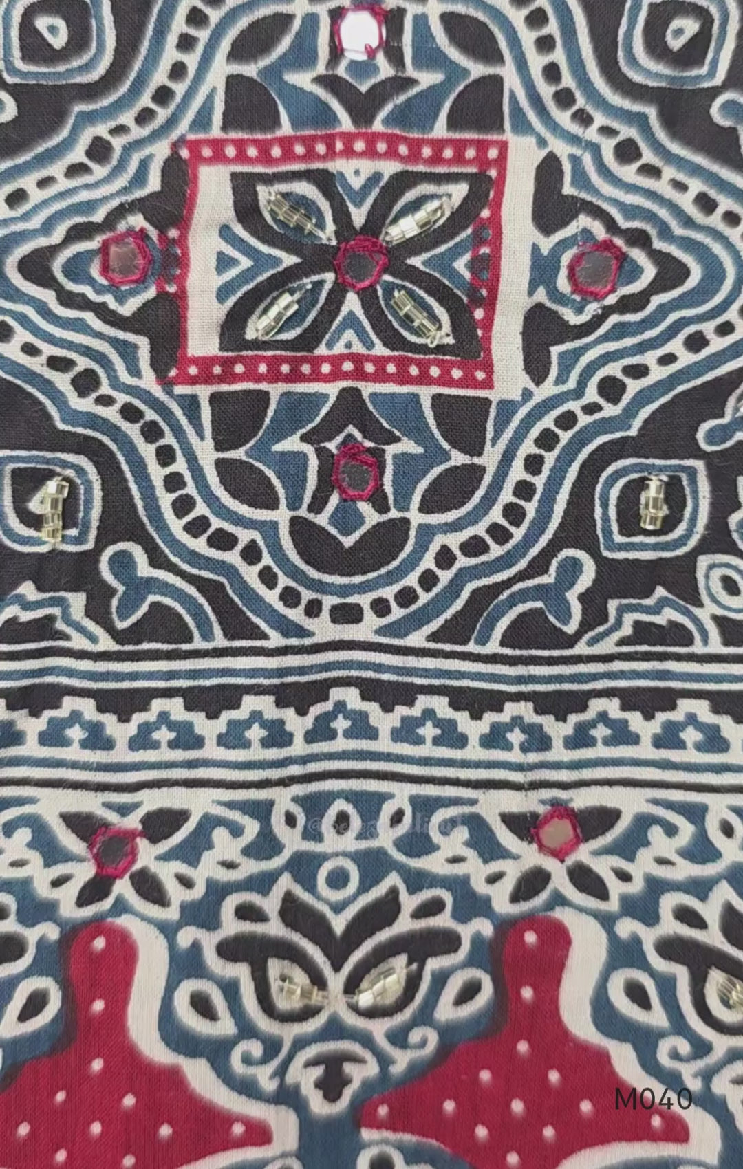 Black cotton 3-piece churidar set with red Ajrakh-style printed yoke, matching printed dupatta, and plain black cuffed pant.
