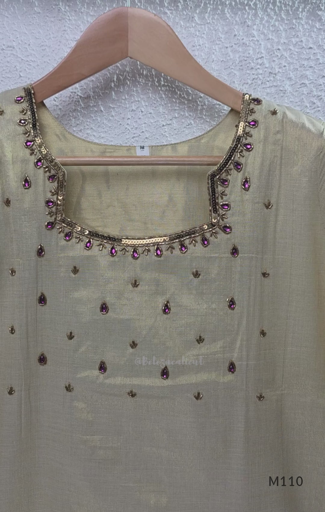Champagne gold tissue silk 2-piece set with embellished neckline, elbow sleeves, straight kurta and matching bottom.